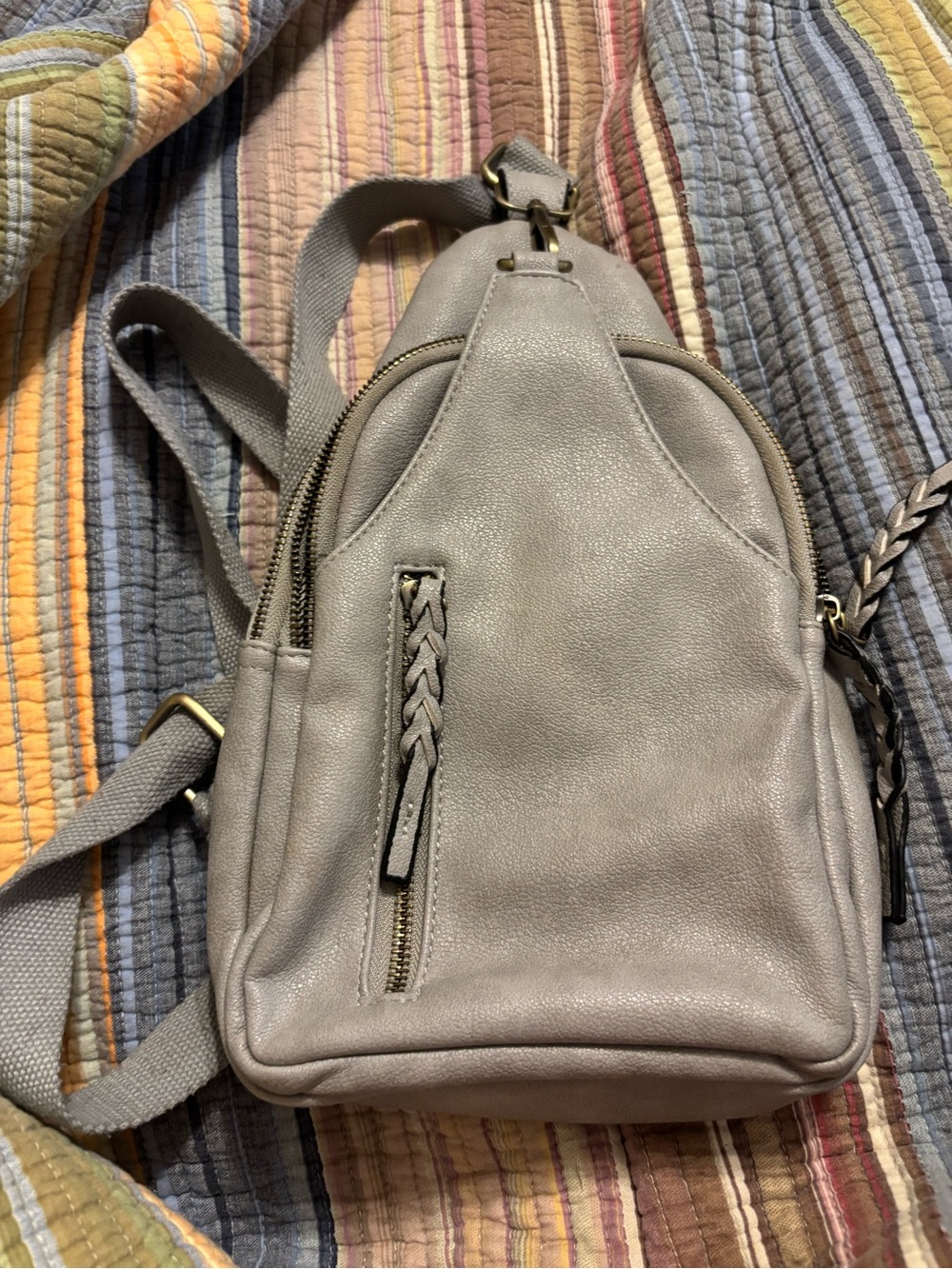Gray Braided-Zip Leather Mini Backpack